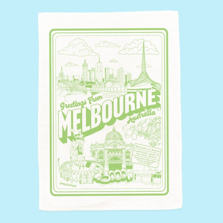Greetings From Melbourne Tea Towel - White with Green Print