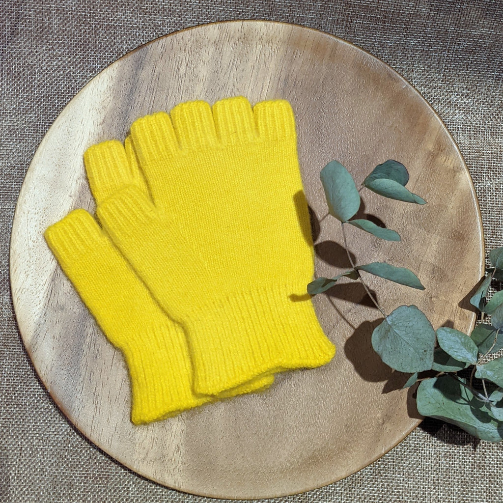 Short Length Wool Angora Fingerless Gloves - Bright Yellow