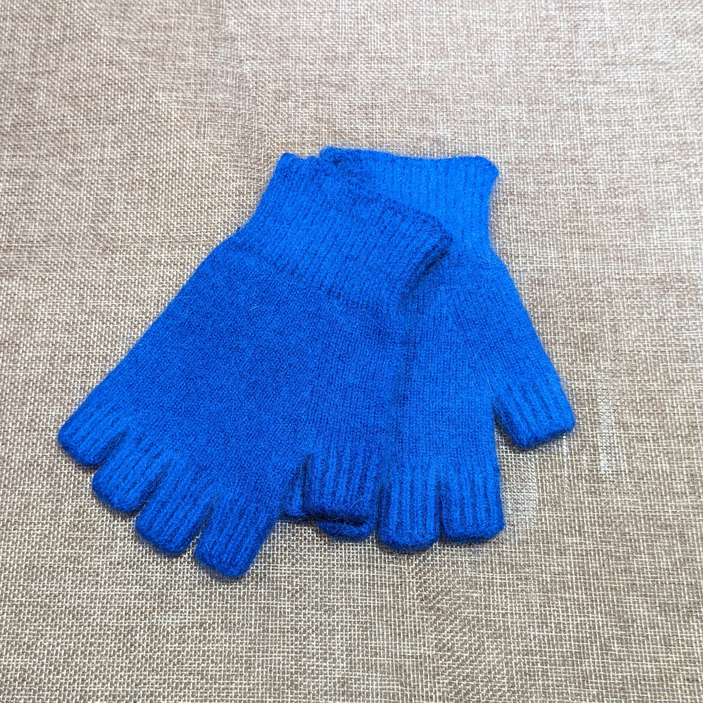 Short Length Wool Angora Fingerless Gloves - Cobalt Blue