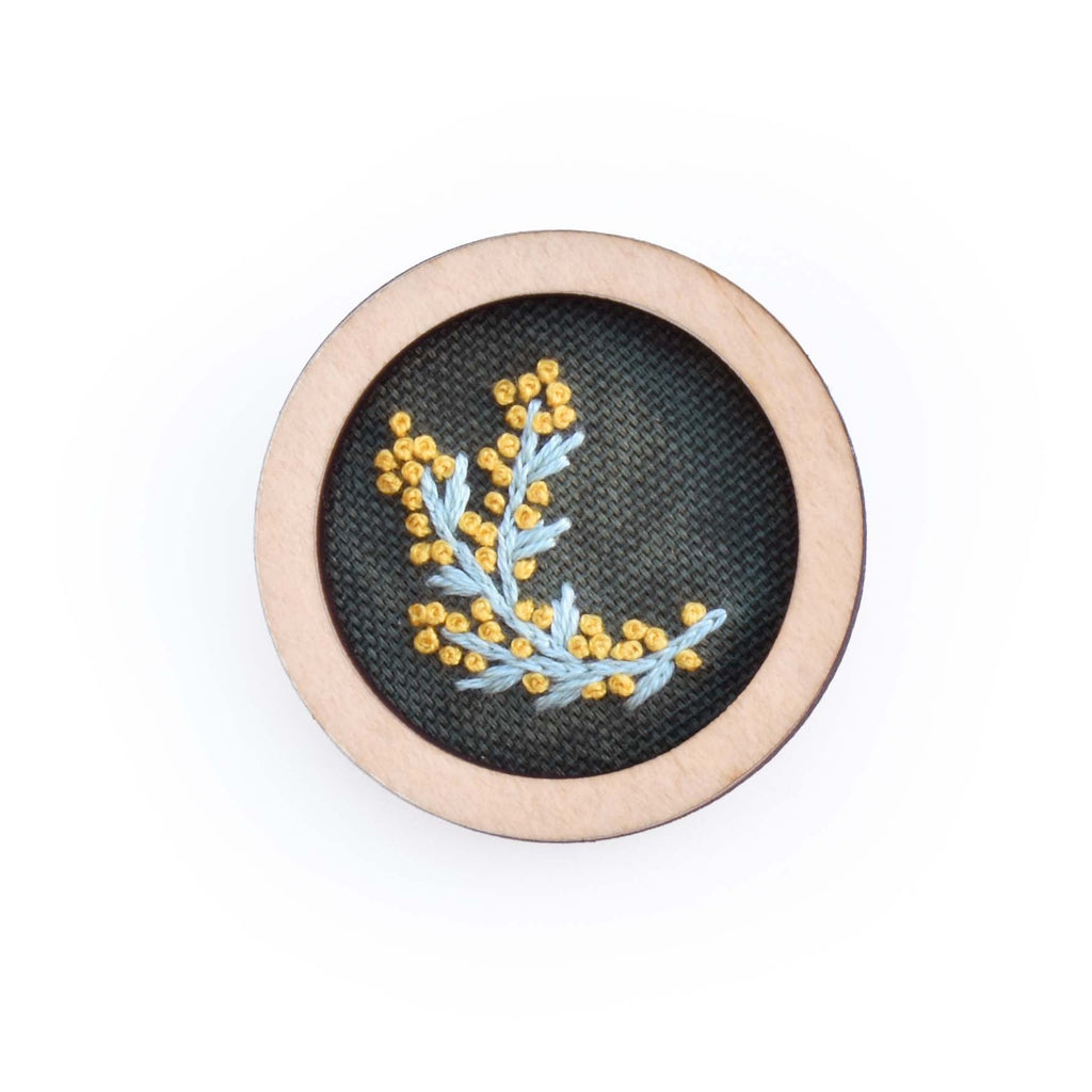 Hand Embroidered Round Brooch Pendant - Wattle