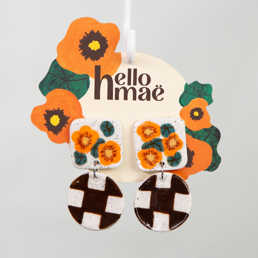 2 Tier Ceramic Earring - Nasturtium & Chocolate Check