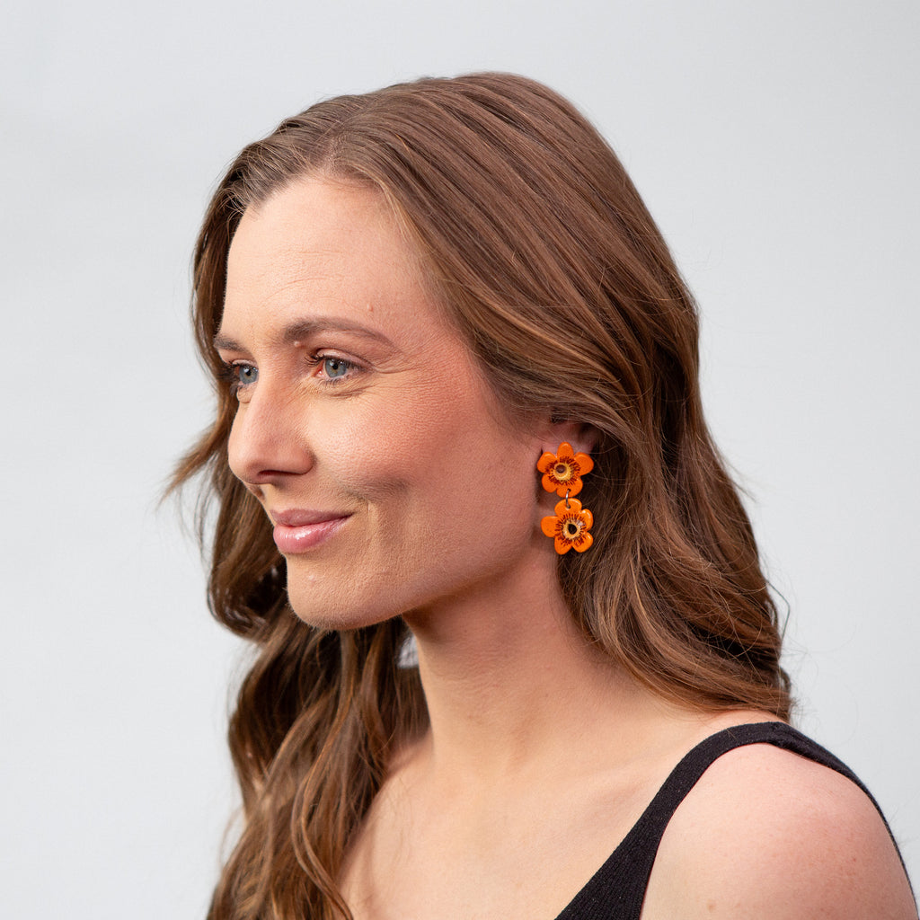 2 Tier Ceramic Earring - Orange Flowers