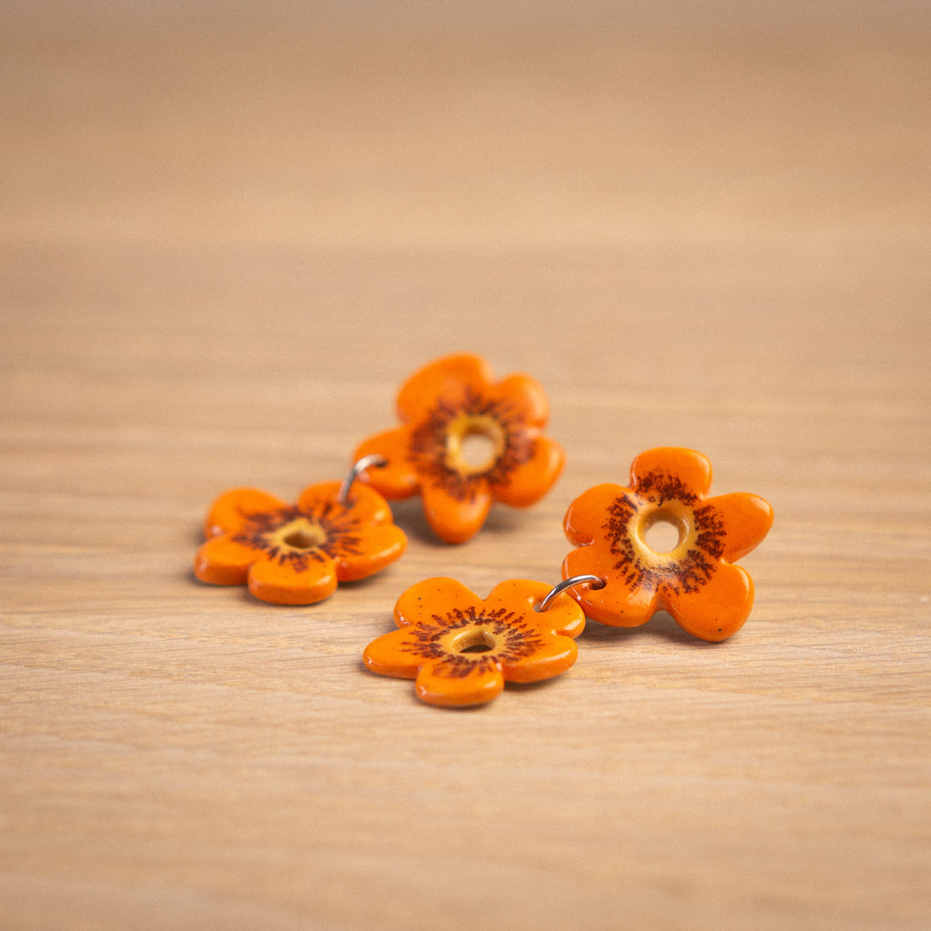 2 Tier Ceramic Earring - Orange Flowers