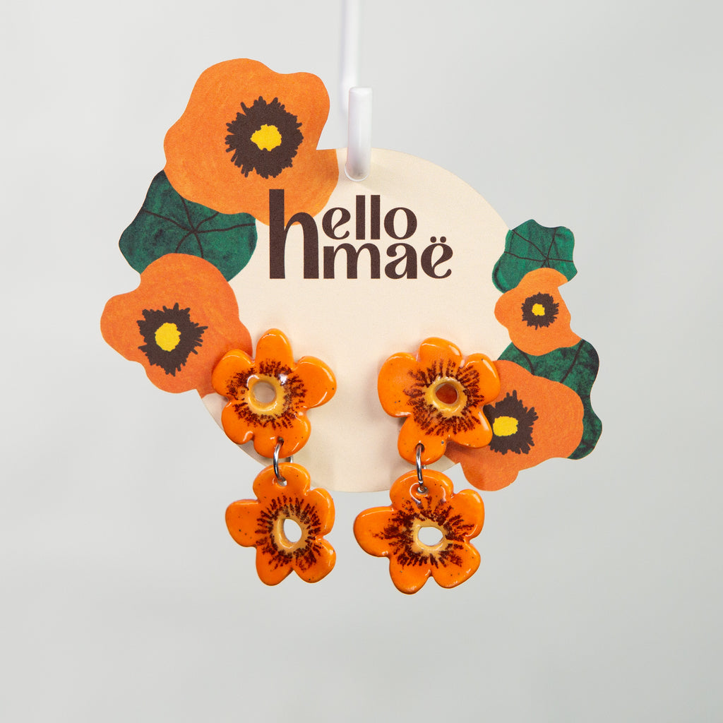 2 Tier Ceramic Earring - Orange Flowers