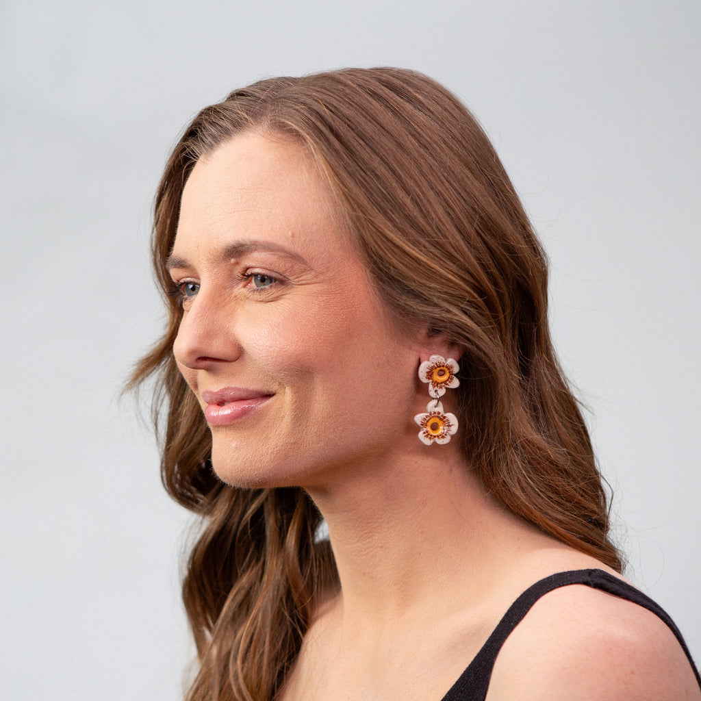 2 Tier Ceramic Earring- White Flowers