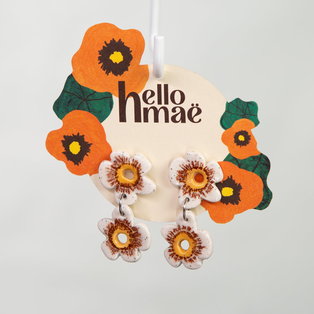 2 Tier Ceramic Earring- White Flowers