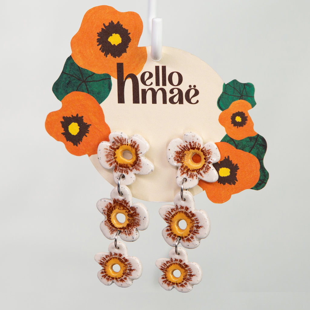 3 Tier Ceramic Earring - White Flowers