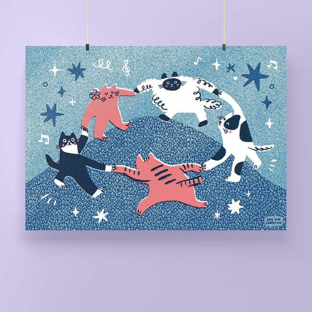 A4 Risograph Art Print: Dancing Cat