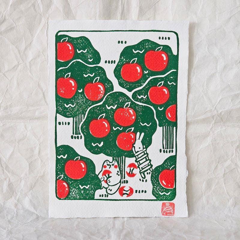 'Apple Orchard' A5 Lino Print on Khadi cotton rag
