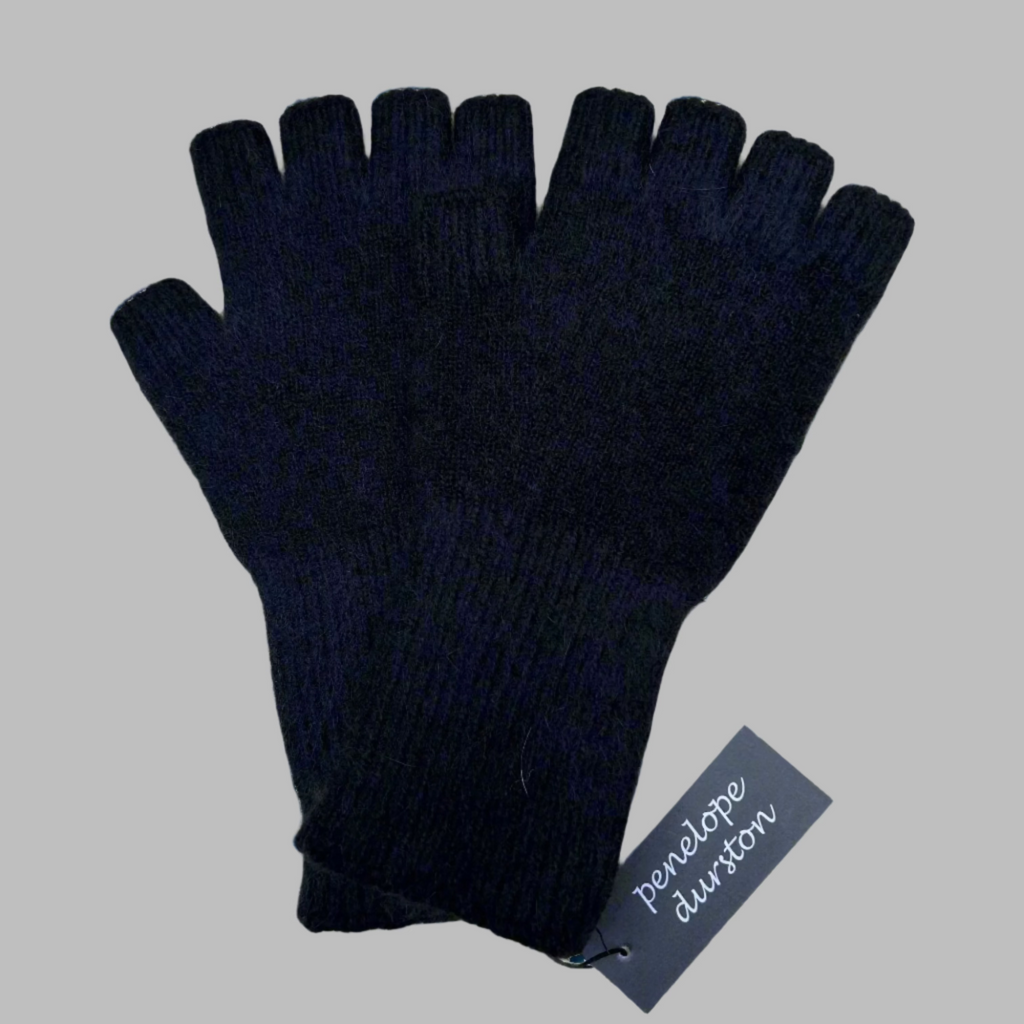 Black Wool Angora Fingerless Gloves - Long Length