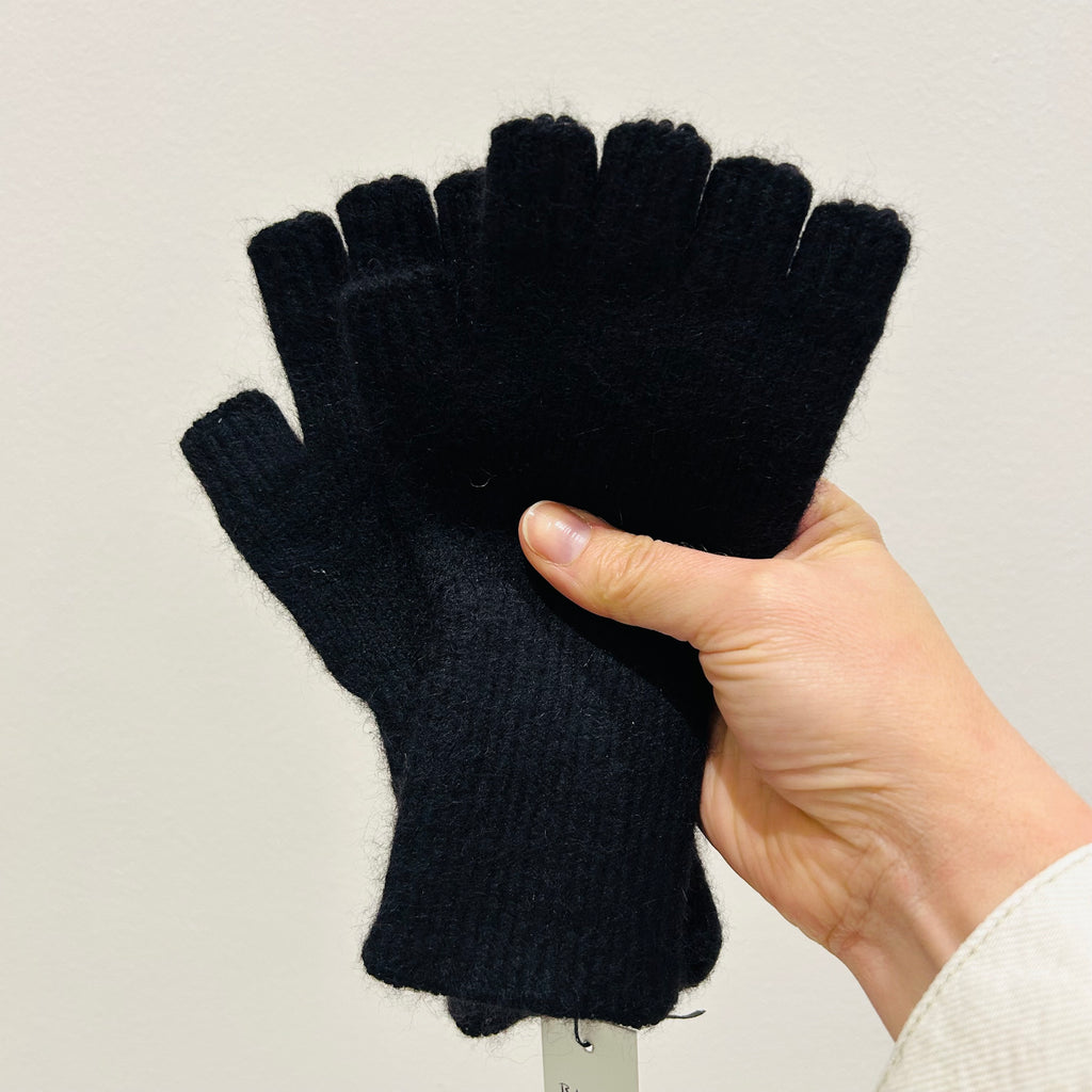 Black Wool Angora Fingerless Gloves - Long Length