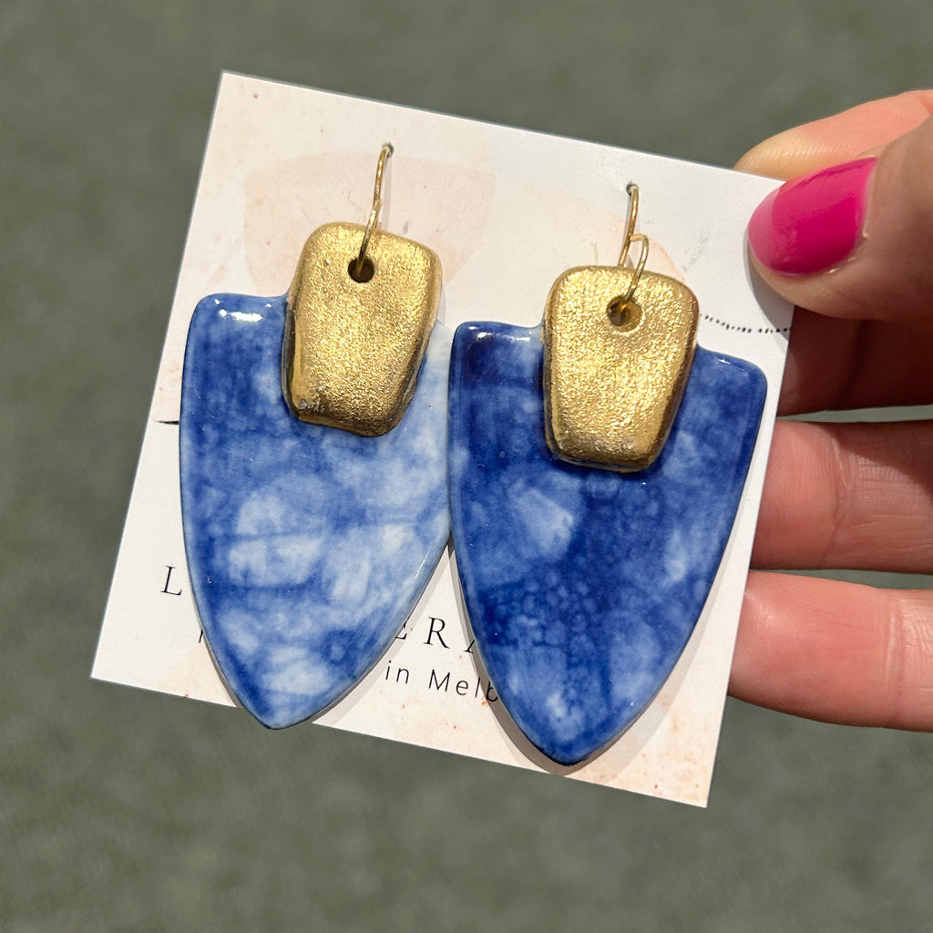 Blue & Gold shield porcelain drop earrings