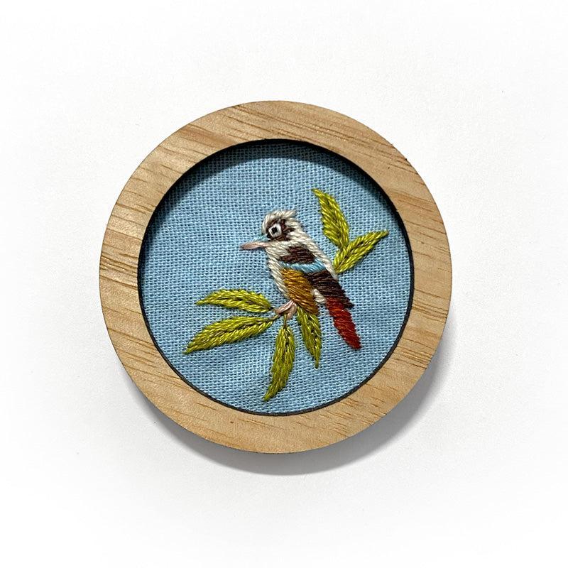 Blue Kookaburra Hand Embroidered Round Brooch Pendant