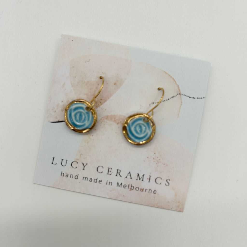 Blue embossed Porcelain petite circle rose drop earrings
