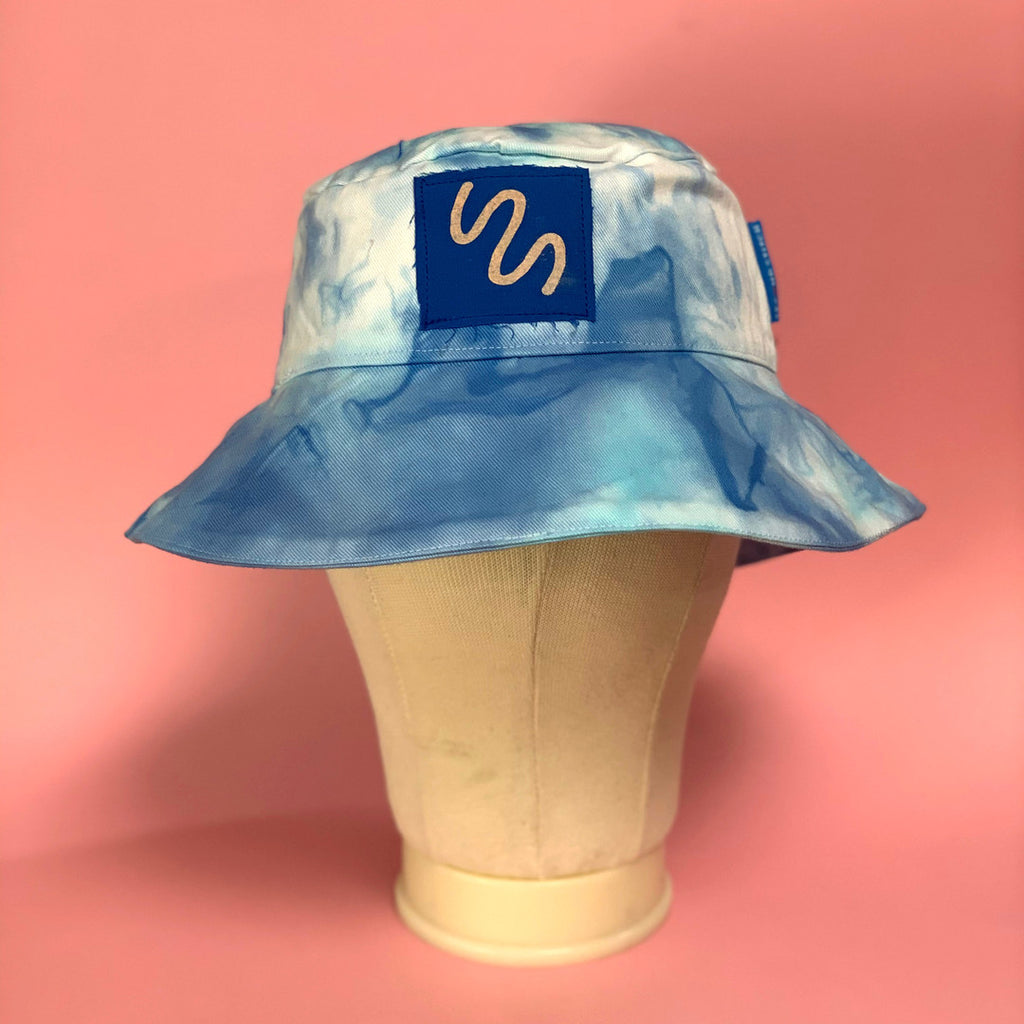 Blue Tie Dyed Bucket Hat with blue label