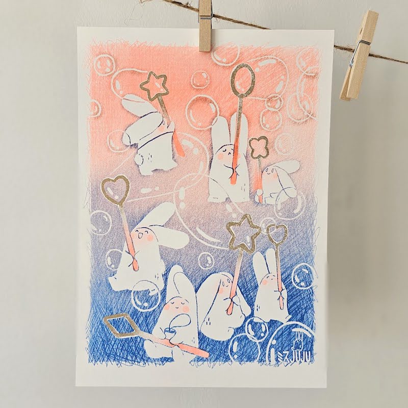 'Bunny Bubbles' A4 Risograph Print