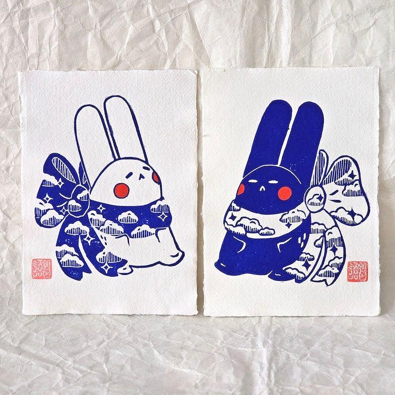 'Bunny Cloud Scarf (1)' A5 Lino Print on Khadi cotton rag