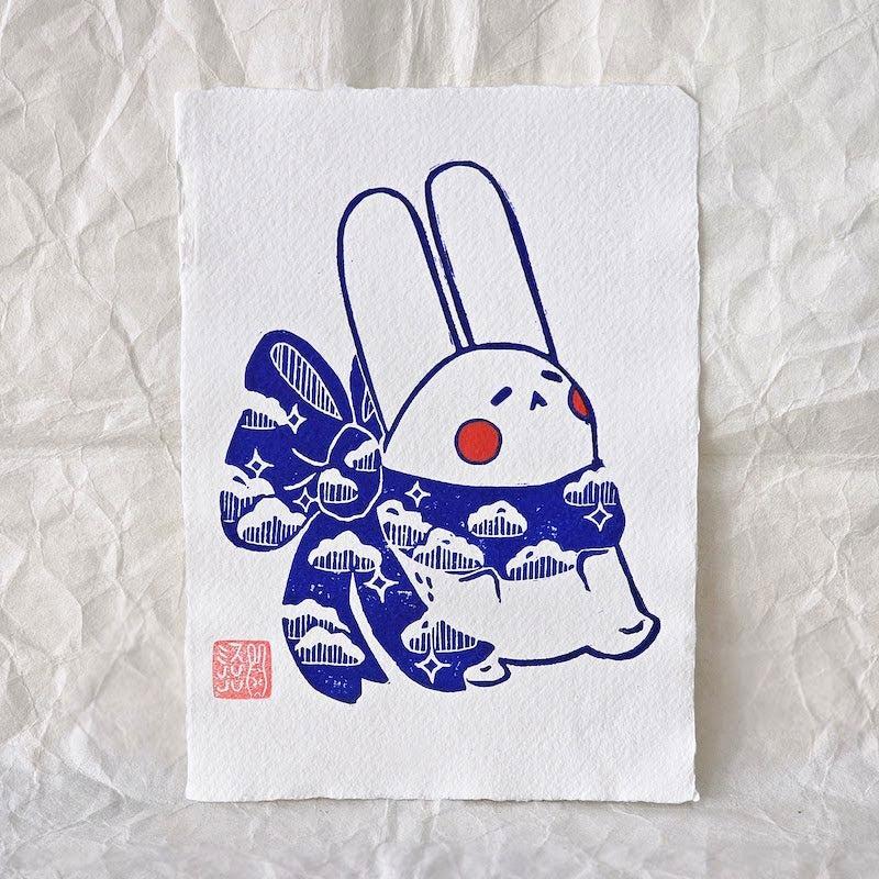 'Bunny Cloud Scarf (1)' A5 Lino Print on Khadi cotton rag