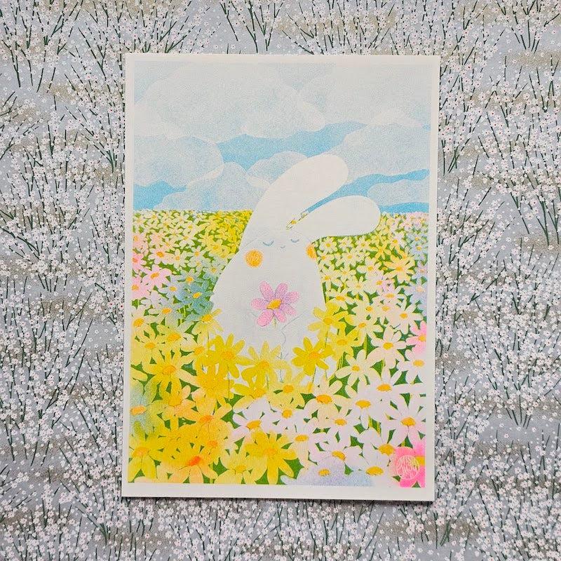 'Bunny Flower Field' A4 Risograph Print