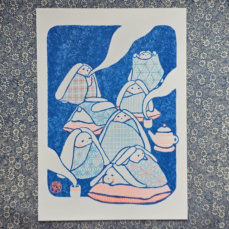 'Bunny Tea Time' A4 Risograph Print