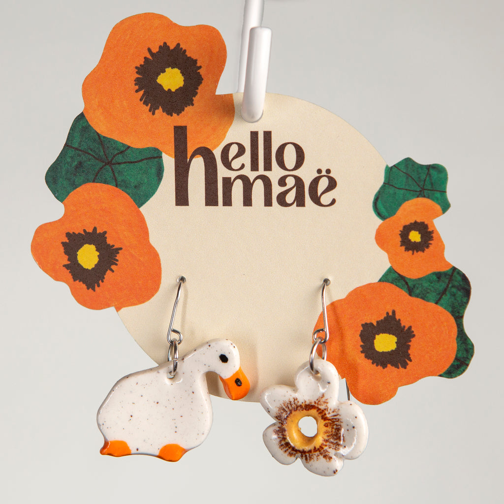 Ceramic Drop Earring - White Duck & White Flower