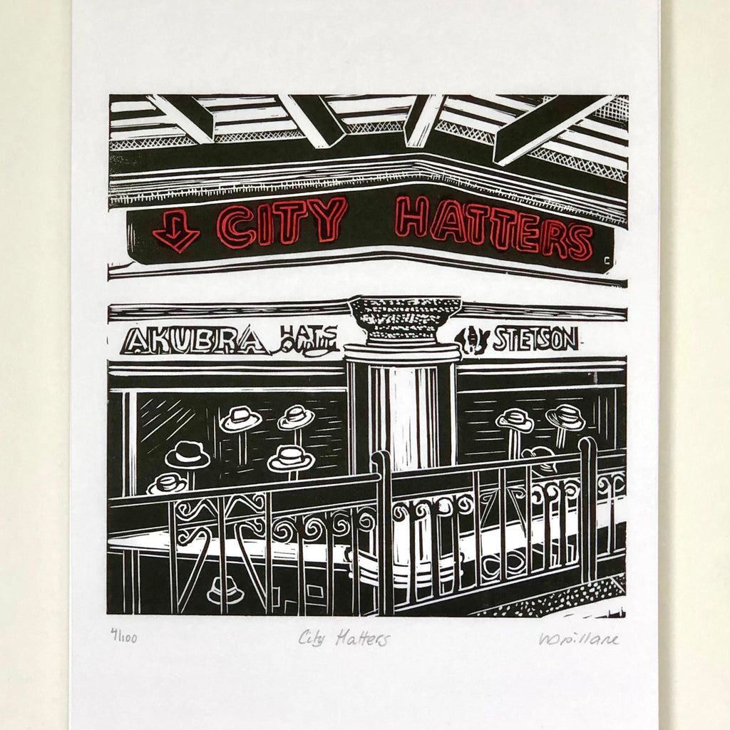 City Hatters Original Linocut Print