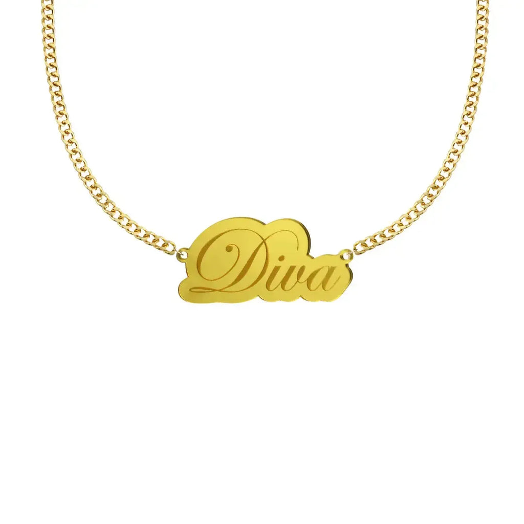 'Diva' Cursive Plate Necklace - Gold