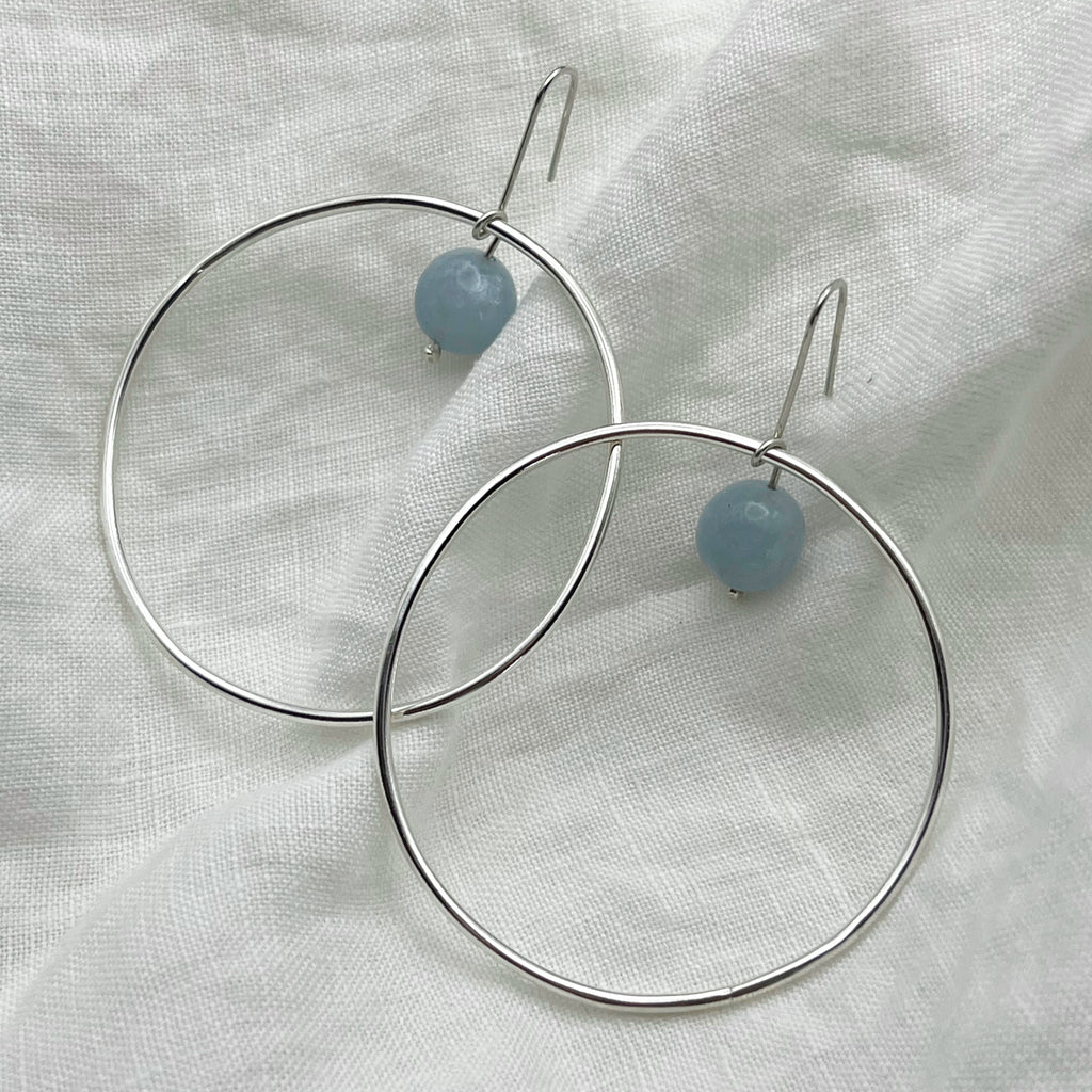 Recycled Sterling Silver Large Organic Hoop & Aquamarine Crystal Earrings