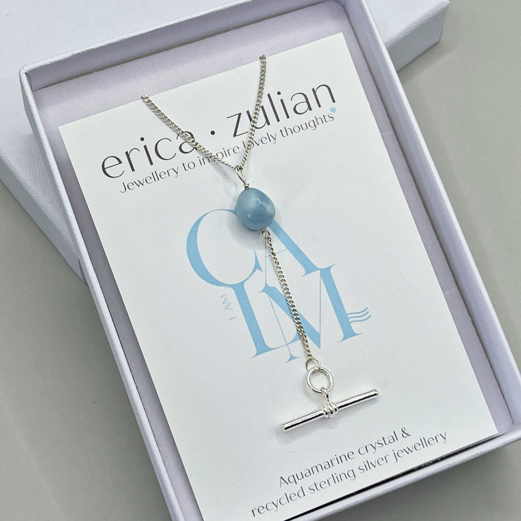 Sterling Silver Aquamarine Tbar Drop Necklace