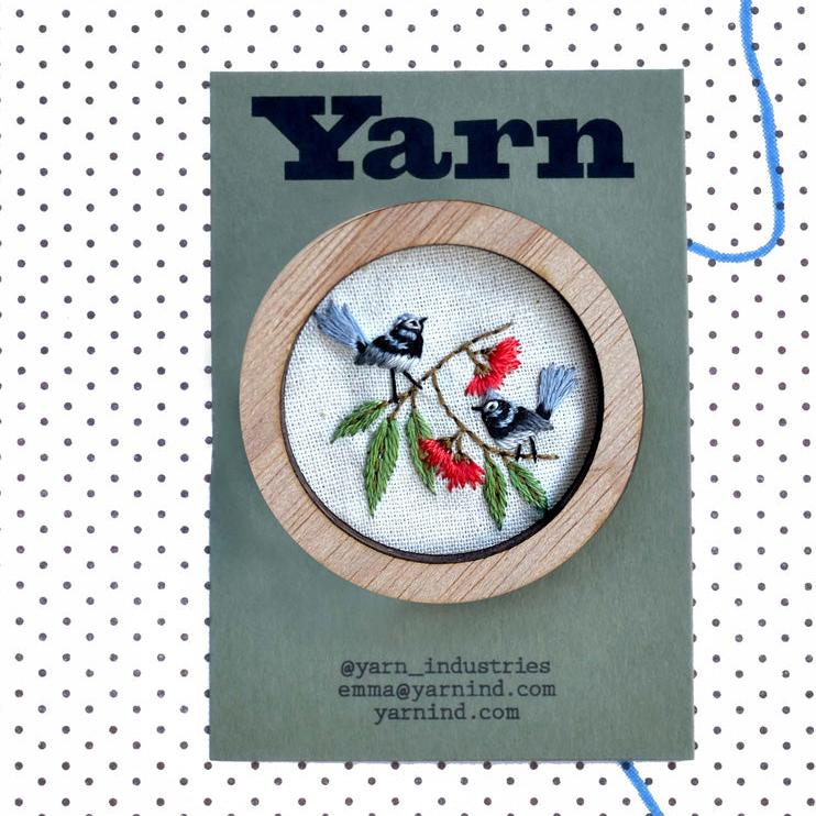 Fairy Wrens Gum Hand Embroidered Round Brooch Pendant