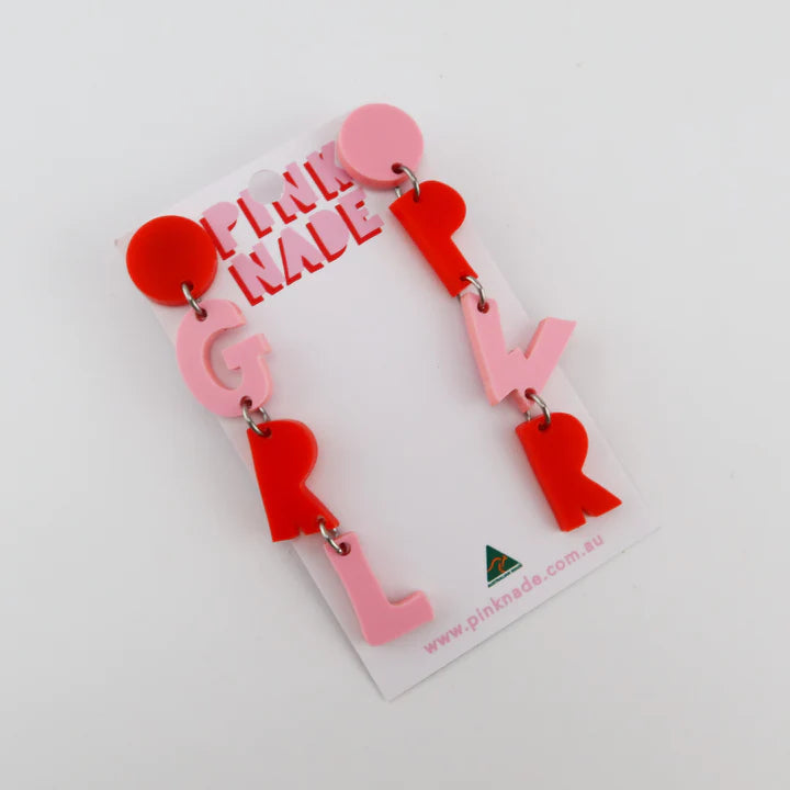 GRL PWR Letter Dangle Earrings - Pink Red