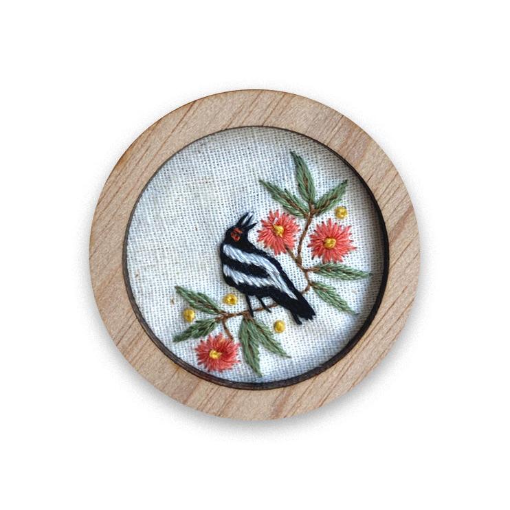 Magpie Hand Embroidered Round Brooch Pendant