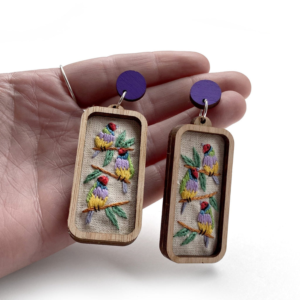Gouldian Finch Hand Embroidered Earrings