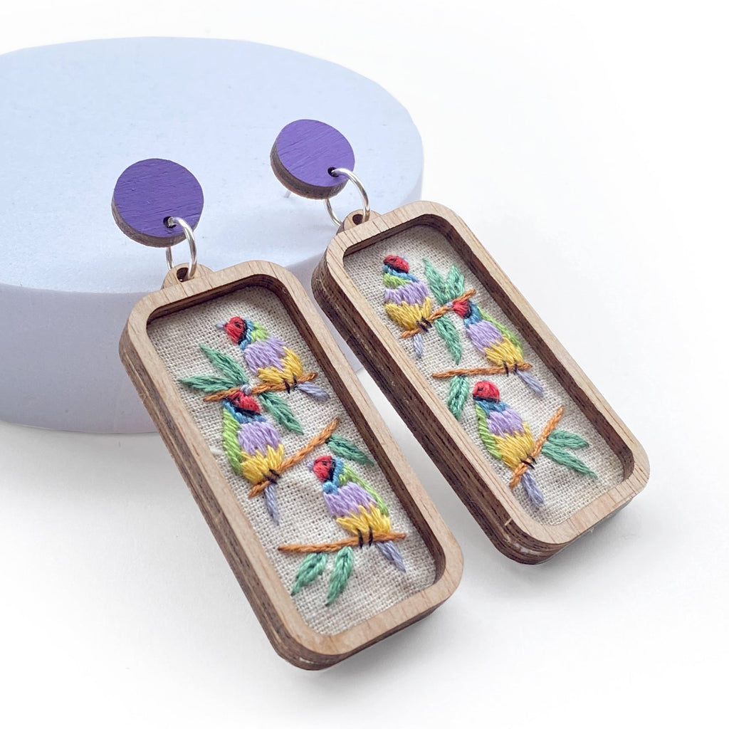 Gouldian Finch Hand Embroidered Earrings
