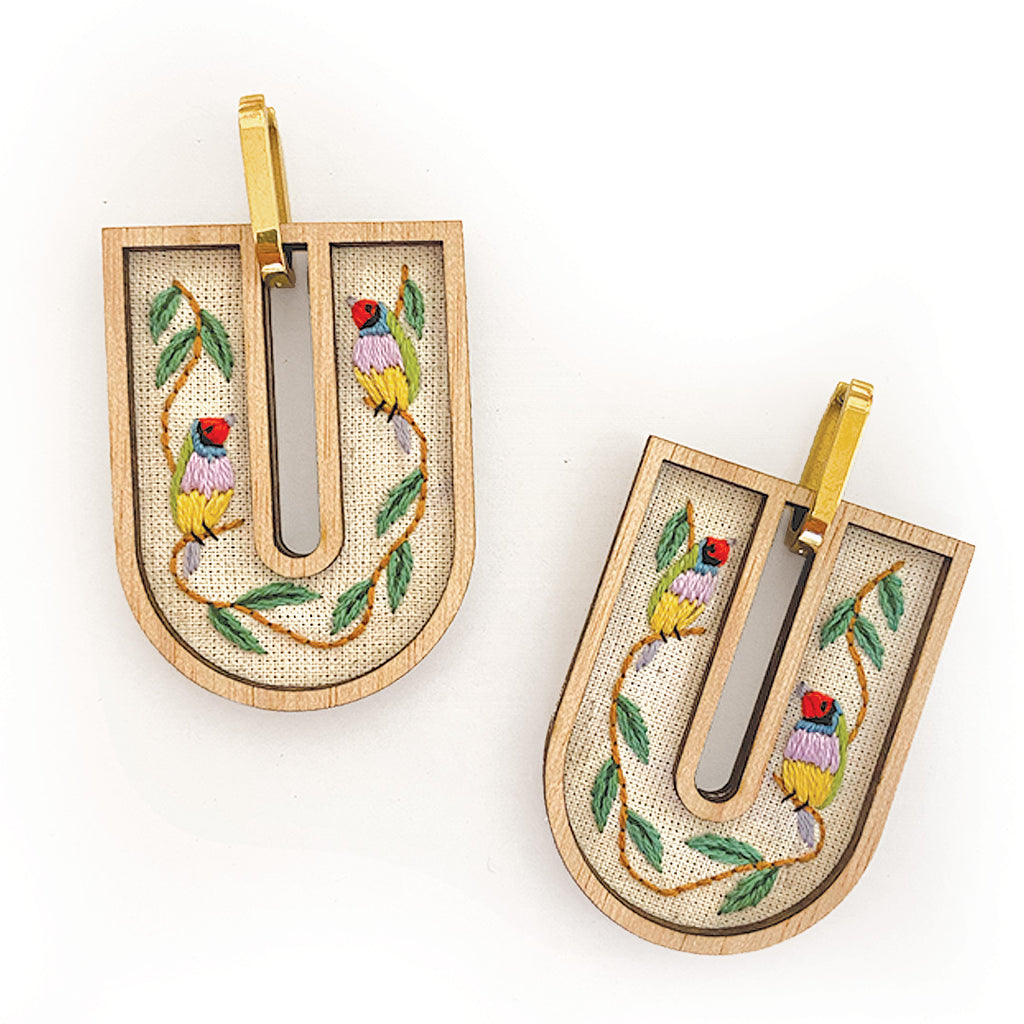 Gouldian Finch Hoop Hand Embroidered Earrings