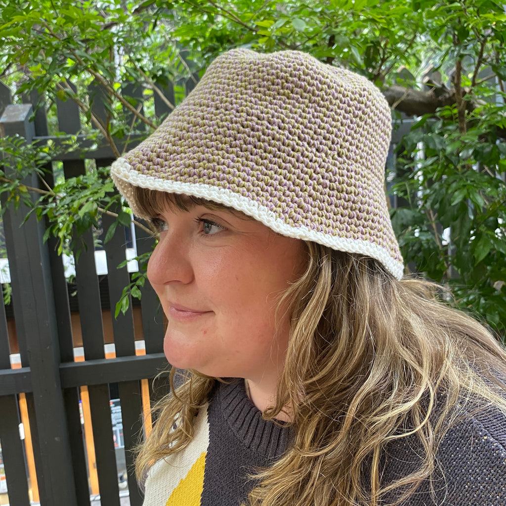 Green and Purple Crocheted Cotton Yarn Bucket Hat