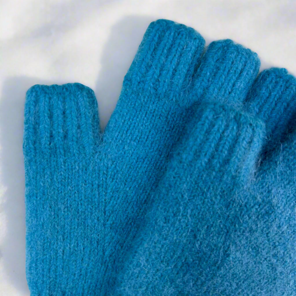 Teal Wool Angora Fingerless Gloves - Long Length