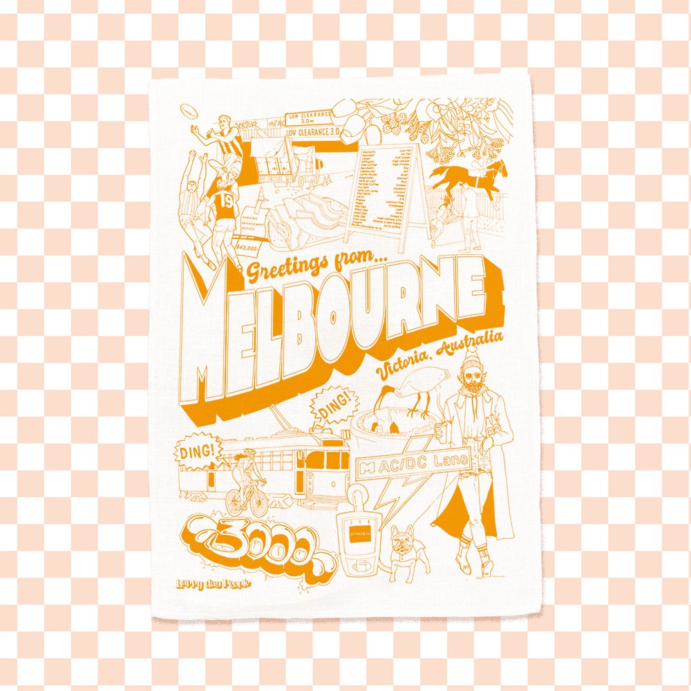 Melbourne Locals Only Tea Towel - White and Orange Print