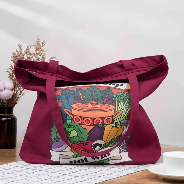 Make Soup Not War Tote Bag - Burgandy