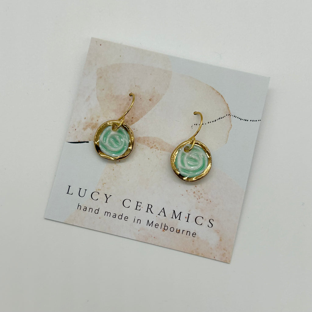 Mint embossed Porcelain petite circle rose drop earrings
