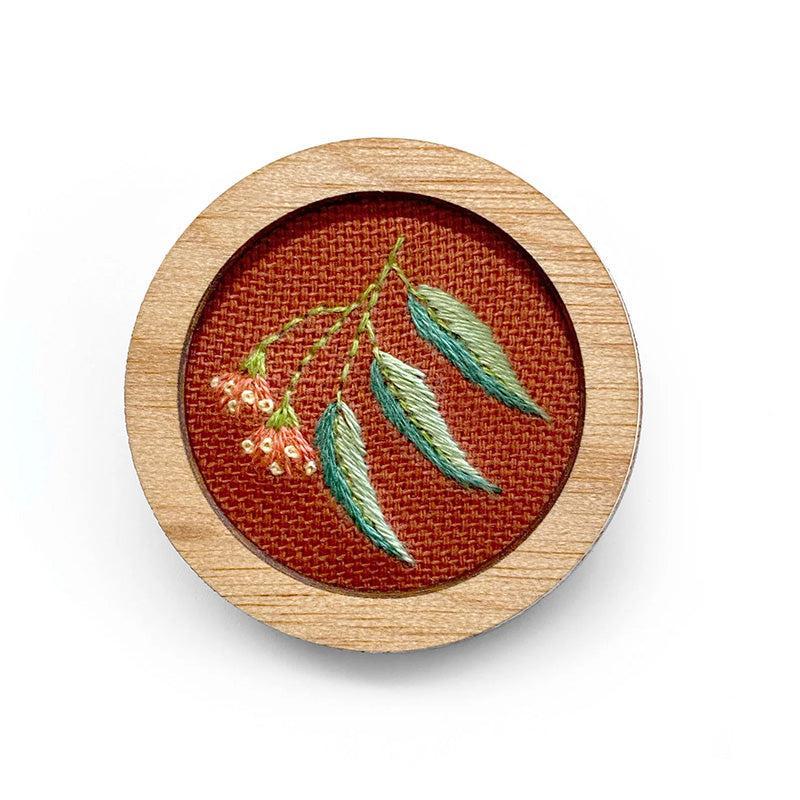 Orange Gum Leaf Hand Embroidered Round Brooch Pendant