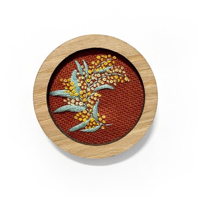Orange Wattle Hand Embroidered Round Brooch Pendant