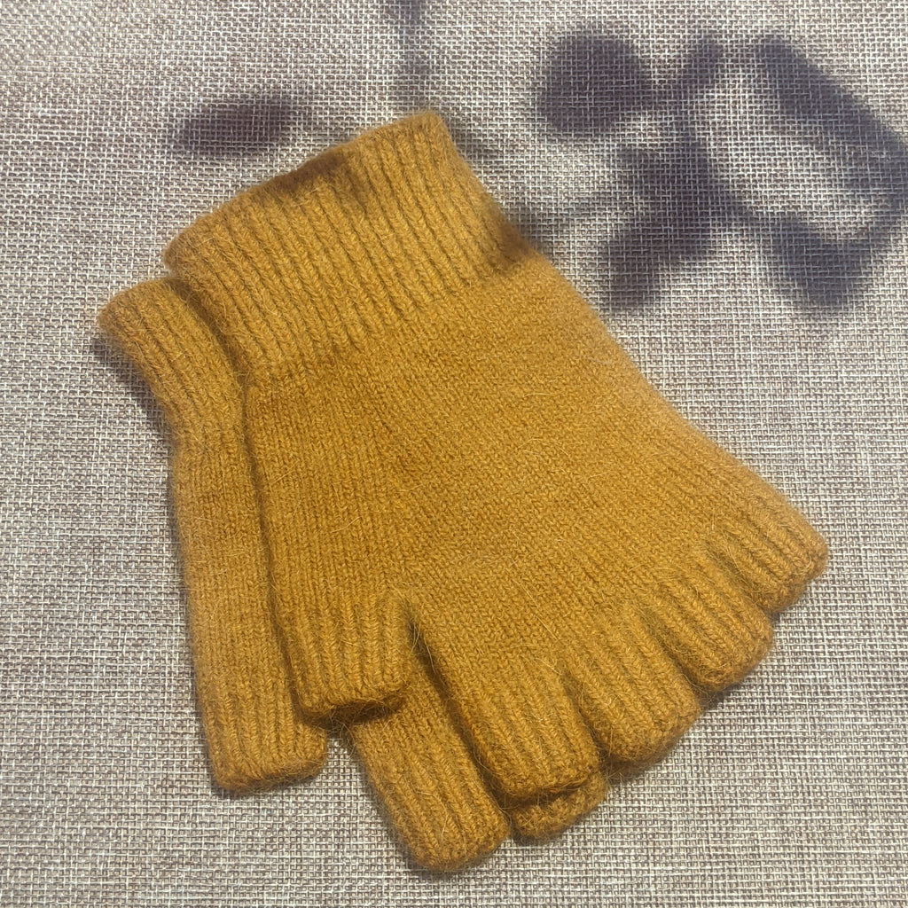 Short Length Wool Angora Fingerless Gloves - Mustard