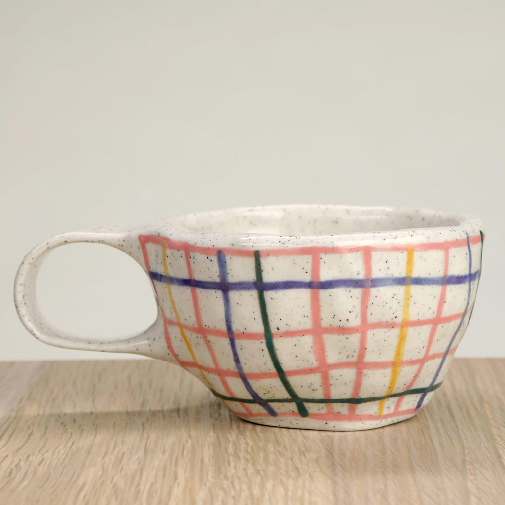 Pink Check & Pansy Flower Ceramic Coffee Cup