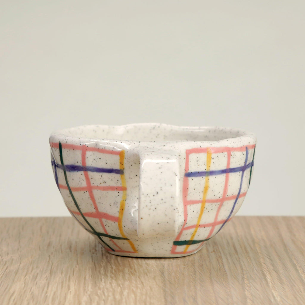 Pink Check & Pansy Flower Ceramic Coffee Cup