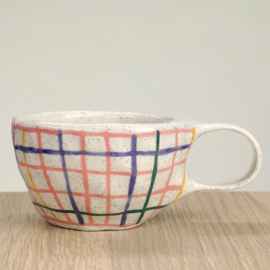 Pink Check & Pansy Flower Ceramic Coffee Cup