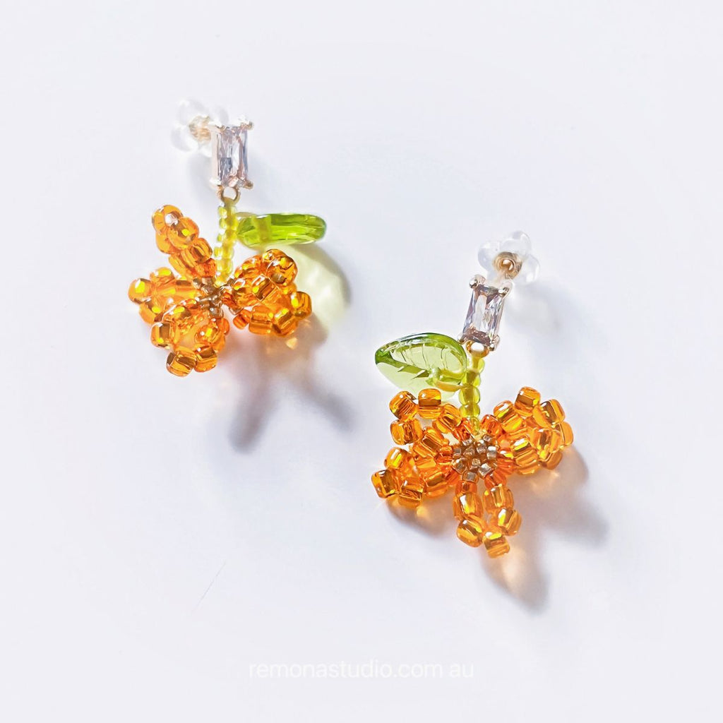 Beaded Little Golden Flower Earring Studs