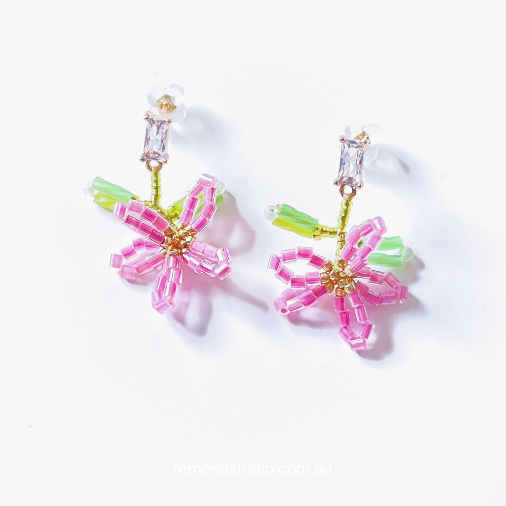 Beaded Little Pink Flower Earring Studs