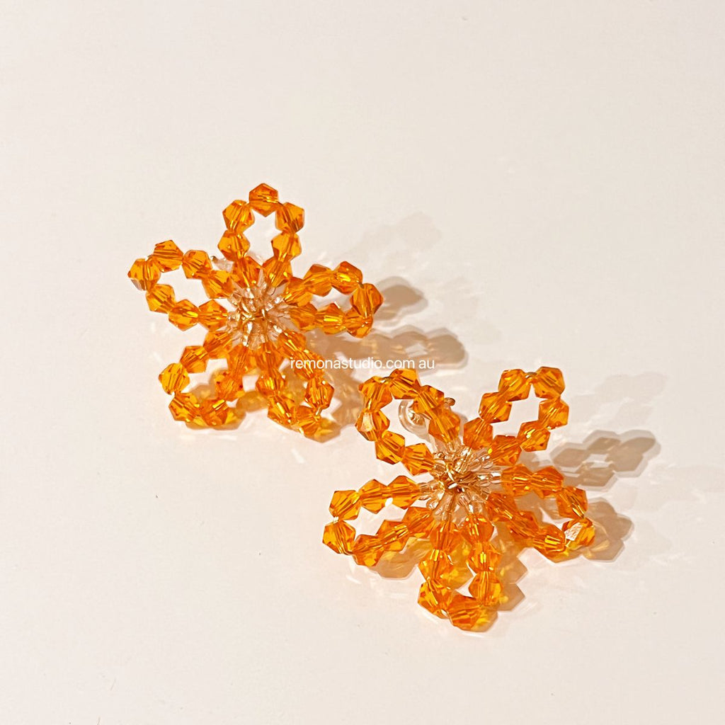 Beaded Orange Flower Studs