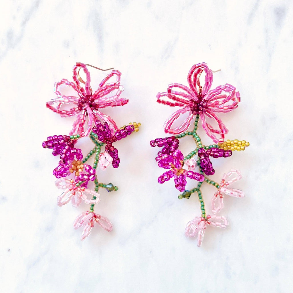 Beaded Pink Daisy Flower Earring - Gold-filled Hooks